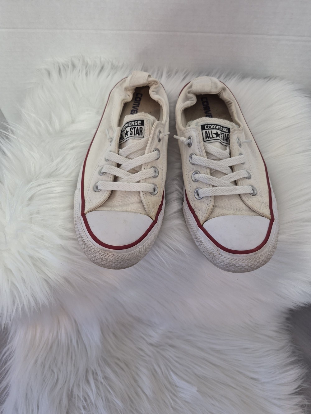 Converse White Low-Top Sneakers with Red Trim, Size 7.5
